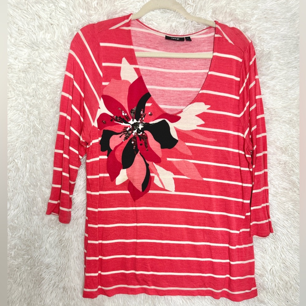 Apt. 9 Shirt Coral 3/4 Sleeves White Stripes Blouce Tunic sequins floral size XL